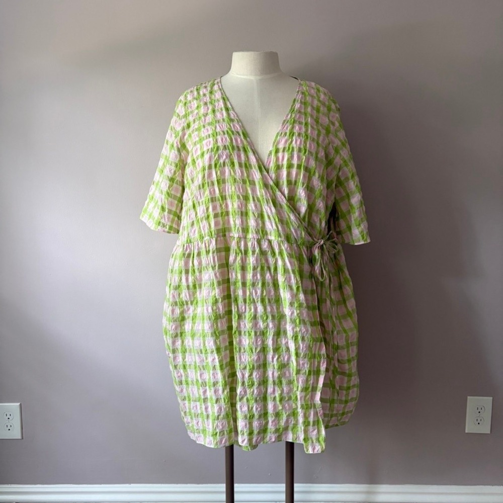 ASOS Design Curve Green Pink Gingham Seersucker Wrap Mini Dress Plus Size 22